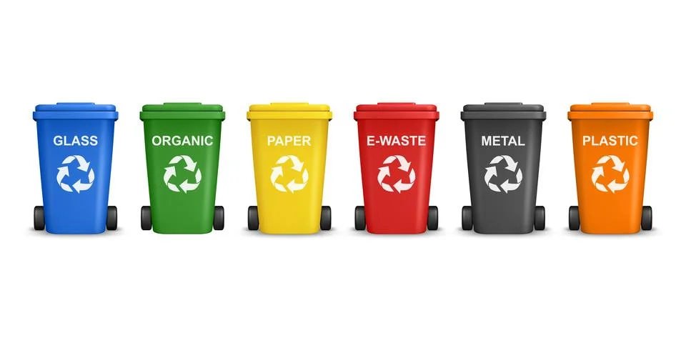 Vector 3d Recycling Bins Set with Waste Sorting Labels - Glass Organic Paper E Stock Illustration