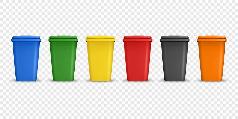 Vector 3d Recycling Bins Set. Glass Organic Paper E-Waste Metal Plastic. Color Stock Illustration