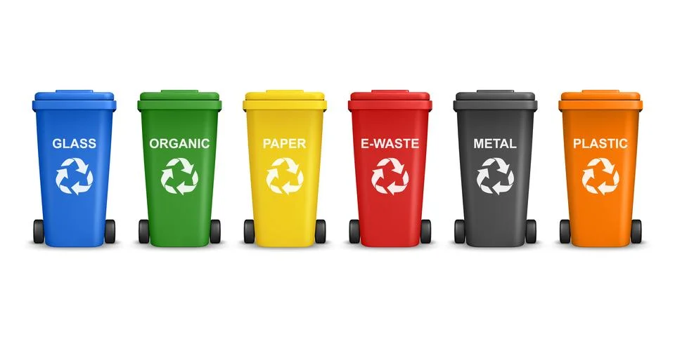 Vector 3d Recycling Bins Set. Glass Organic Paper E-Waste Metal Plastic. Color Stock Illustration