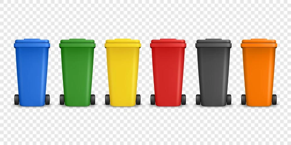 Vector 3d Recycling Bins Set. Glass Organic Paper E-Waste Metal Plastic. Co.. Stock Illustration