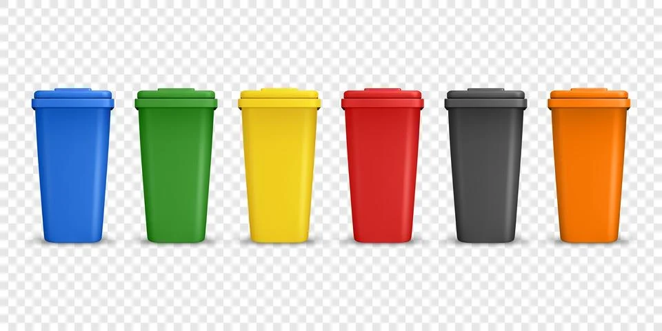 Vector 3d Recycling Bins Set. Glass Organic Paper E-Waste Metal Plastic. Colo Stock Illustration