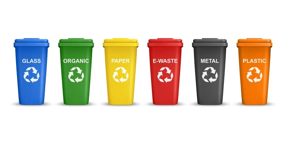 Vector 3d Recycling Bins Set. Glass Organic Paper E-Waste Metal Plastic. Colo 库存插图
