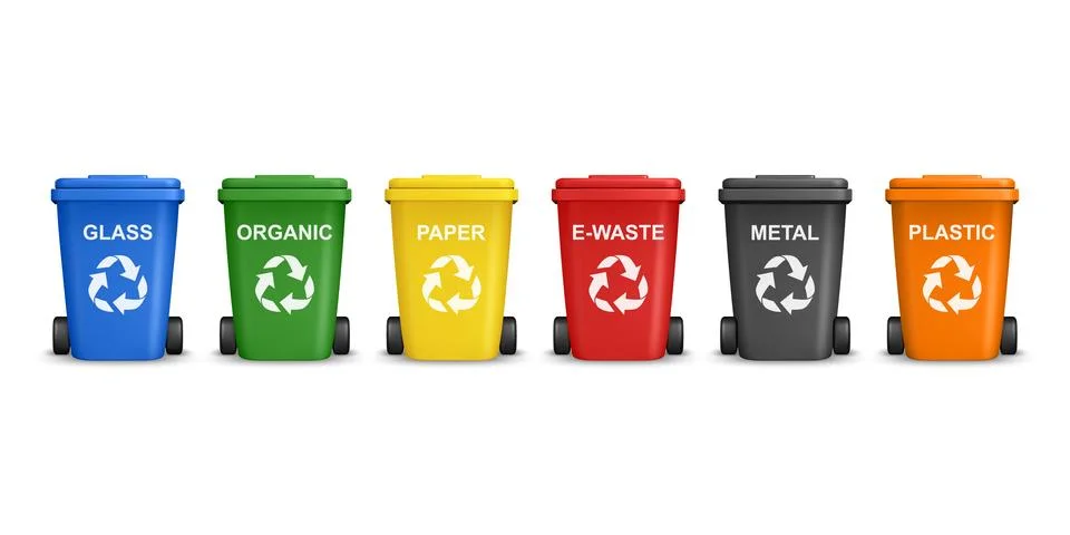Vector 3d Recycling Bins Set. Glass Organic Paper E-Waste Metal Plastic. Colo Stock Illustration