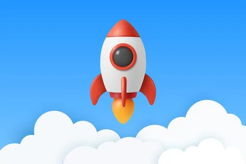 Vector 3d Red and White Rocket Icon, Startup Launch Concept. Blue and White Stock Illustration