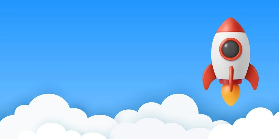 Vector 3d Red and White Rocket Icon, Startup Launch Concept. Blue and White Stock Illustration