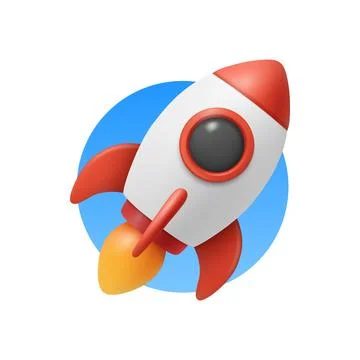 Vector 3d Red and White Rocket Launch Icon. Rocket Startup Badge in Blue Circle Illustrazione stock