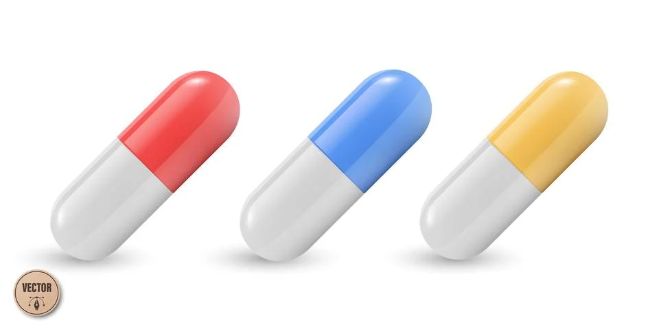 Vector 3d Red, Blue, Yellow and White Capsule Pill Isolated. Realistic 3d Med Stock Illustration