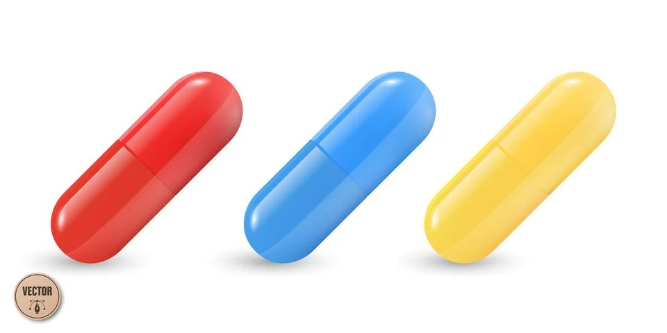 Vector 3d Red, Blue, Yellow Capsule Pill Isolated. Realistic 3d Medicine Illu 库存插图