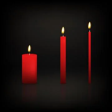 Vector 3d Red Candle Set. Realistic Candles, Pillar, Taper Candles with Flame on Stock Illustration