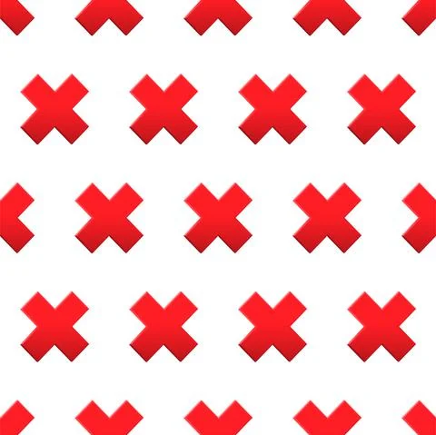 Vector 3d red cross reject icon. Wrong mark vote shape symbol seamless patter Stock Illustration
