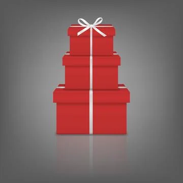 Vector 3d Red Gift Box Tower on Dark Background. Stack of Three Red Present Stock Illustration