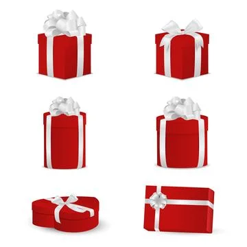 Vector 3d Red Gift Boxes Set with White Ribbon Bow, Realistic 3d Vector Stock Illustration