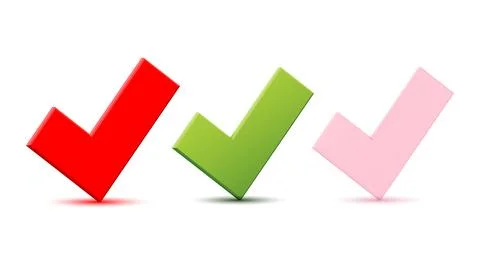 Vector 3d red green and pink checklist checkmark icons. Correct check mark an Stock Illustration