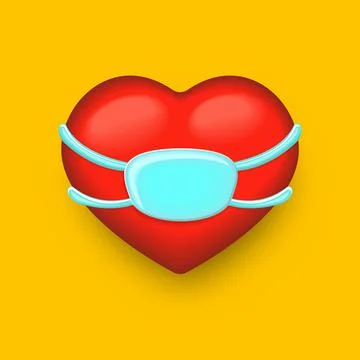 Vector 3d red heart with blue mouth protection face mask isolated on orange Stock Illustration