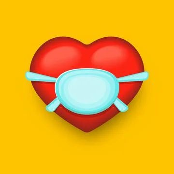 Vector 3d red heart with blue mouth protection face mask isolated on orange Stock Illustration