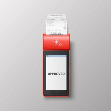 Vector 3d Red NFC Payment Machine with Approved Status and Paper Receipt, Bill Stock Illustration