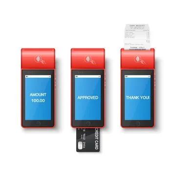 Vector 3d Red NFC Payment Machine with Approved Status and Paper Receipt, Bill Stock Illustration