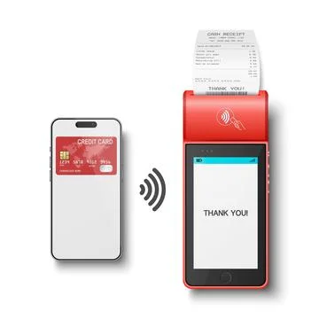 Vector 3d Red NFC Payment Terminal with Smartphone Closeup. Approved Payment and Stock Illustration