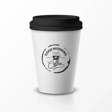Vector 3d Relistic Paper or Plastic Disposable White Coffee Cup with Black Cap Illustrazione stock