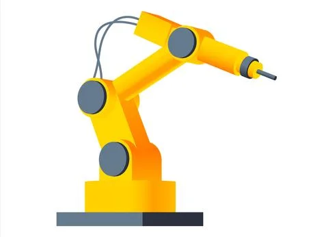 Vector 3D robot arm welding at factory line. Modern plant tech manipulator il Stock Illustration