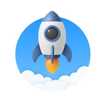 Vector 3d Rocket Launch Icon. Rocket Startup Badge in Blue Circle. Rocket Ship Stock Illustration