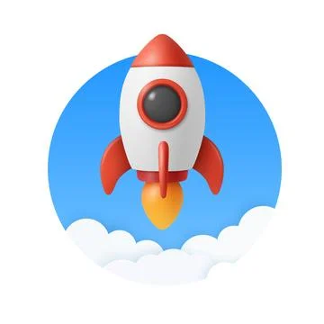Vector 3d Rocket Launch Icon. Rocket Startup Badge in Blue Circle. Rocket Ship Stock Illustration
