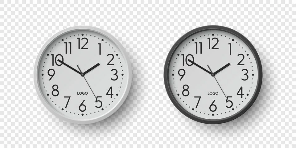 Vector 3d Round Wall Office Clock with White Clock Dial Set Closeup Isolated Stock Illustration
