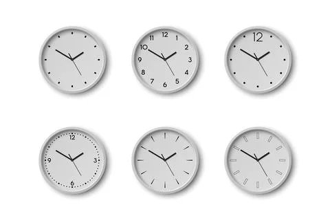 Vector 3d Round Wall Office Clock with White Clock Dial Set Closeup Isolated Stock Illustration