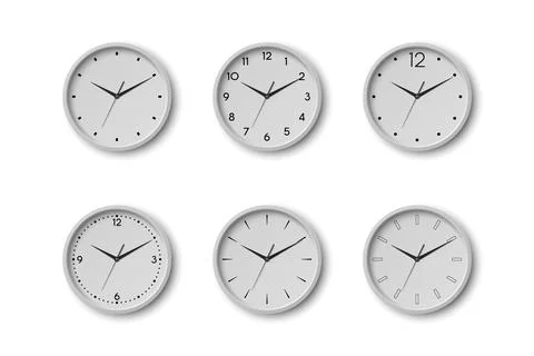 Vector 3d Round Wall Office Clock with White Clock Dial Set Closeup Isolated Stock Illustration