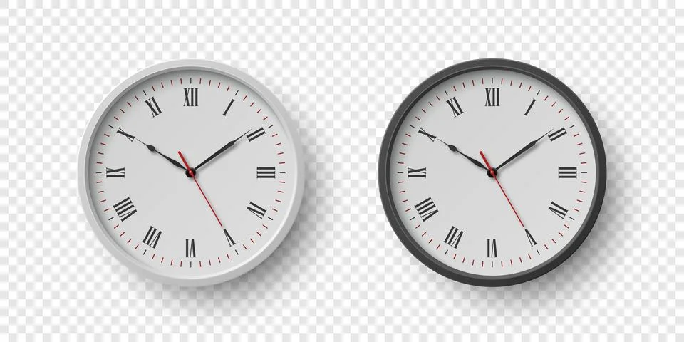 Vector 3d Round Wall Office Clock with White Clock Dial Set Closeup Isolated Stock Illustration