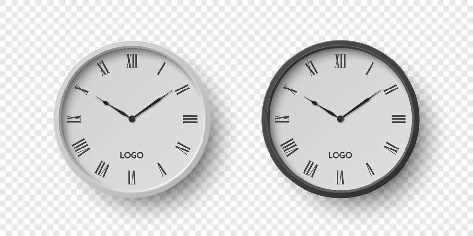Vector 3d Round Wall Office Clock with White Clock Dial Set Closeup Isolated Illustrazione stock