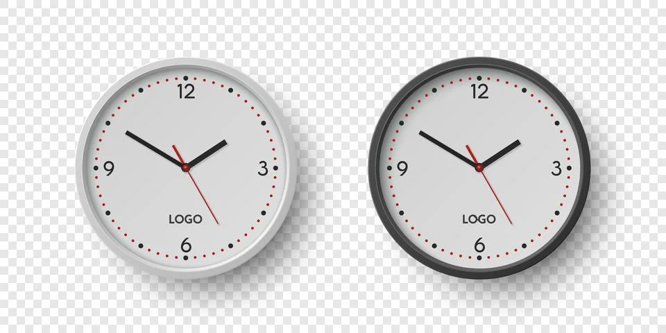 Vector 3d Round Wall Office Clock with White Clock Dial Set Closeup Isolated Stock Illustration