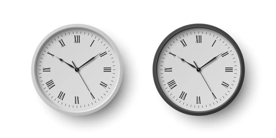 Vector 3d Round Wall Office Clock with White Clock Dial Set Closeup Isolated Stock Illustration