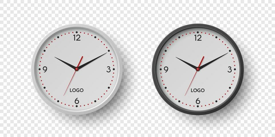 Vector 3d Round Wall Office Clock with White Clock Dial Set Closeup Isolated Stock Illustration