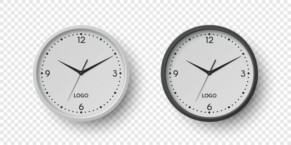 Vector 3d Round Wall Office Clock with White Clock Dial Set Closeup Isolated Stock Illustration