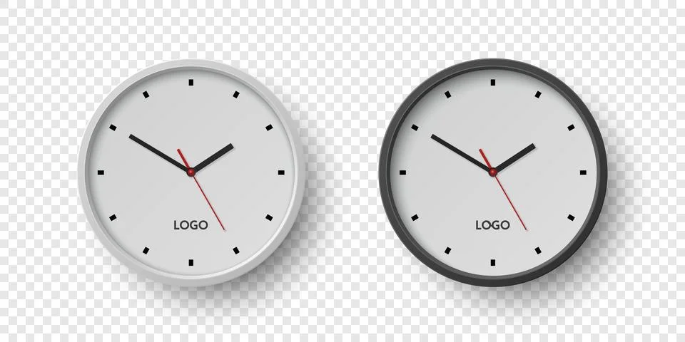 Vector 3d Round Wall Office Clock with White Clock Dial Set Closeup Isolated Stock Illustration