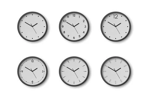 Vector 3d Round Wall Office Clock with White Clock Dial Set Closeup Isolated Stock Illustration