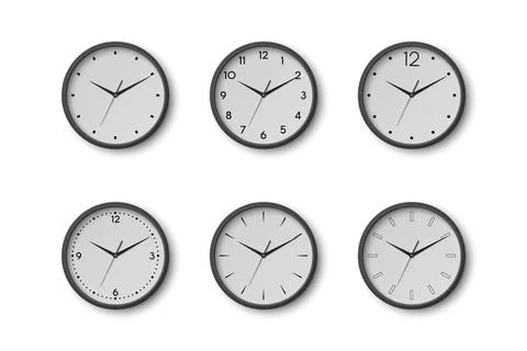Vector 3d Round Wall Office Clock with White Clock Dial Set Closeup Isolated 스톡 일러스트