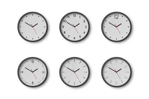 Vector 3d Round Wall Office Clock with White Clock Dial Set Closeup Isolated Stock Illustration