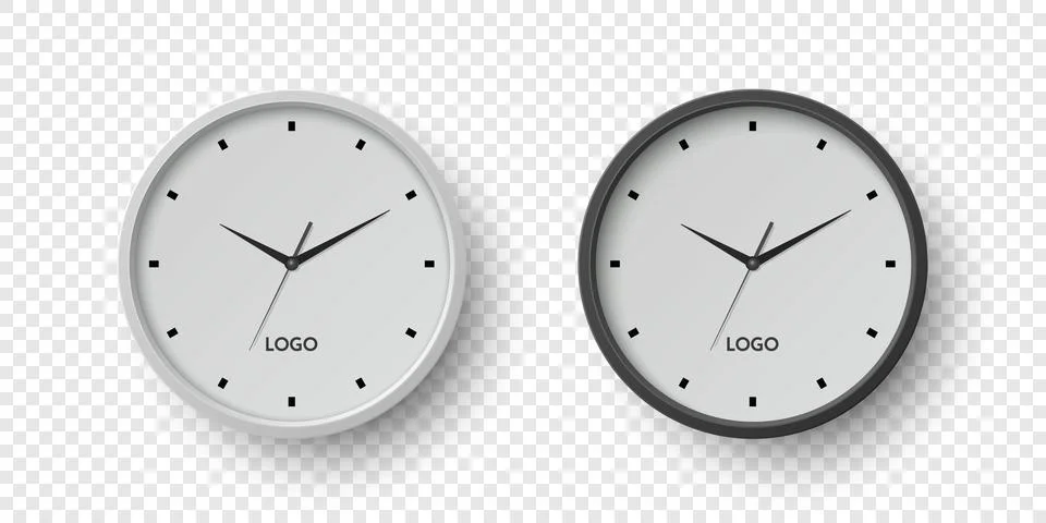 Vector 3d Round Wall Office Clock with White, Black Clock Dial Set Closeup Stock Illustration