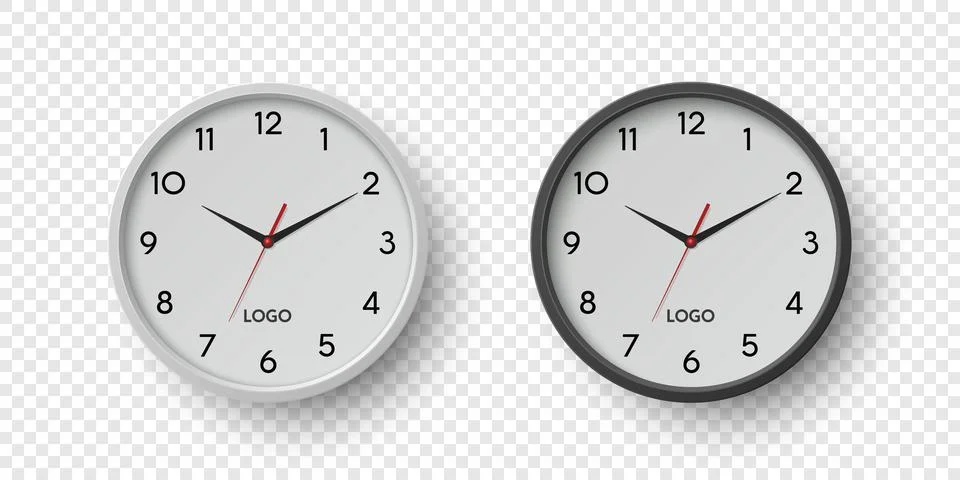 Vector 3d Round Wall Office Clock with White, Black Clock Dial Set Closeup Stock Illustration