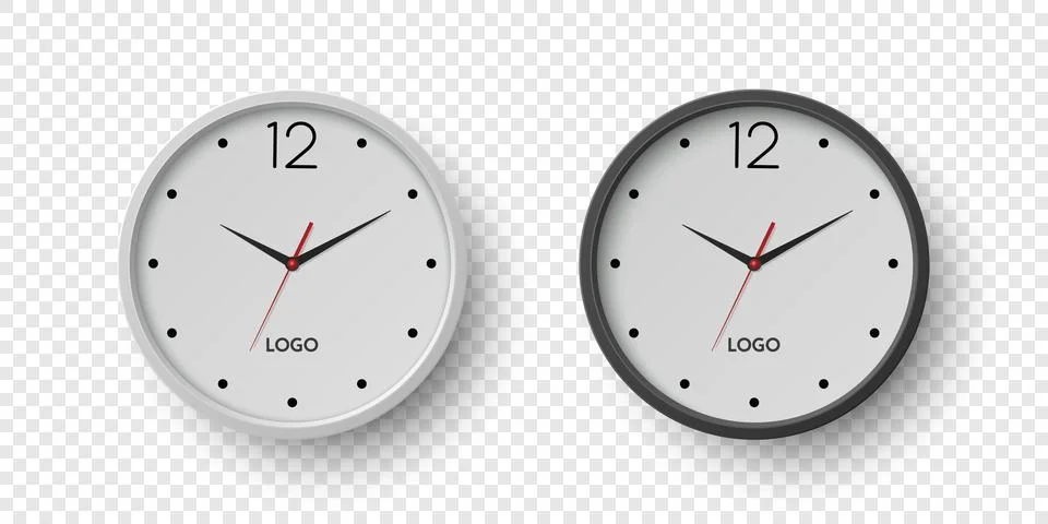 Vector 3d Round Wall Office Clock with White, Black Clock Dial Set Closeup 스톡 일러스트