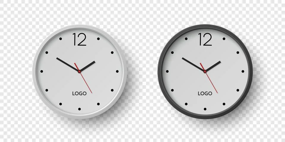 Vector 3d Round Wall Office Clock with White, Black Clock Dial Set Closeup Illustrazione stock