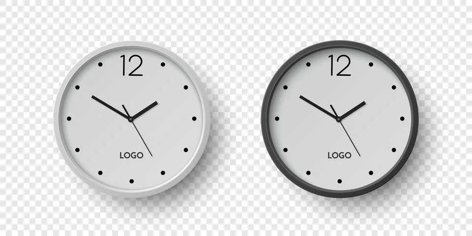 Vector 3d Round Wall Office Clock with White, Black Clock Dial Set Closeup Stock Illustration