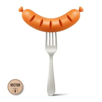 Vector 3d Sausage on Fork, Isolated. Grilled Sausage with Metal Fork. Hot Dog Stock Illustration
