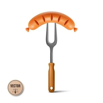 Vector 3d Sausage on Fork with Wooden Handle. Grilled Sausage, Barbecue Sau.. Stock Illustration