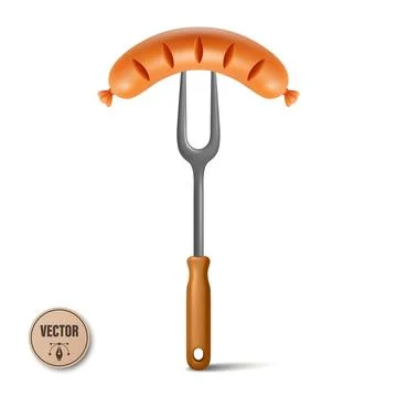 Vector 3d Sausage on Fork with Wooden Handle. Grilled Sausage, Barbecue Sau.. 库存插图