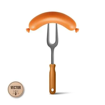 Vector 3d Sausage on Fork with Wooden Handle. Grilled Sausage Illustration... Stock Illustration