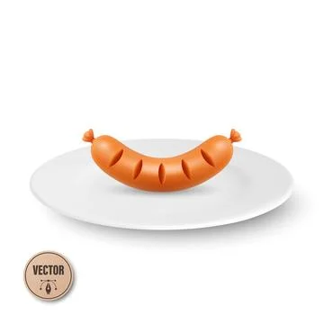 Vector 3d Sausage on Plate Icon, Isolated. Sausage Dinner Food Symbol. Sausage Stock Illustration