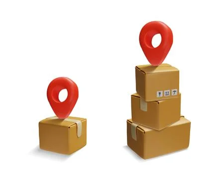 Vector 3D set of cardboard boxes with geolocation sign and symbols fragile Illustrazione stock